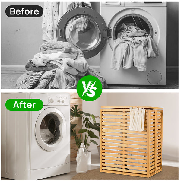 Bamboo Laundry Basket With Lid - Foldable Laundry Basket With 2 Sections Of Removable Lined Pockets For Bathroom, Bedroom And Laundry