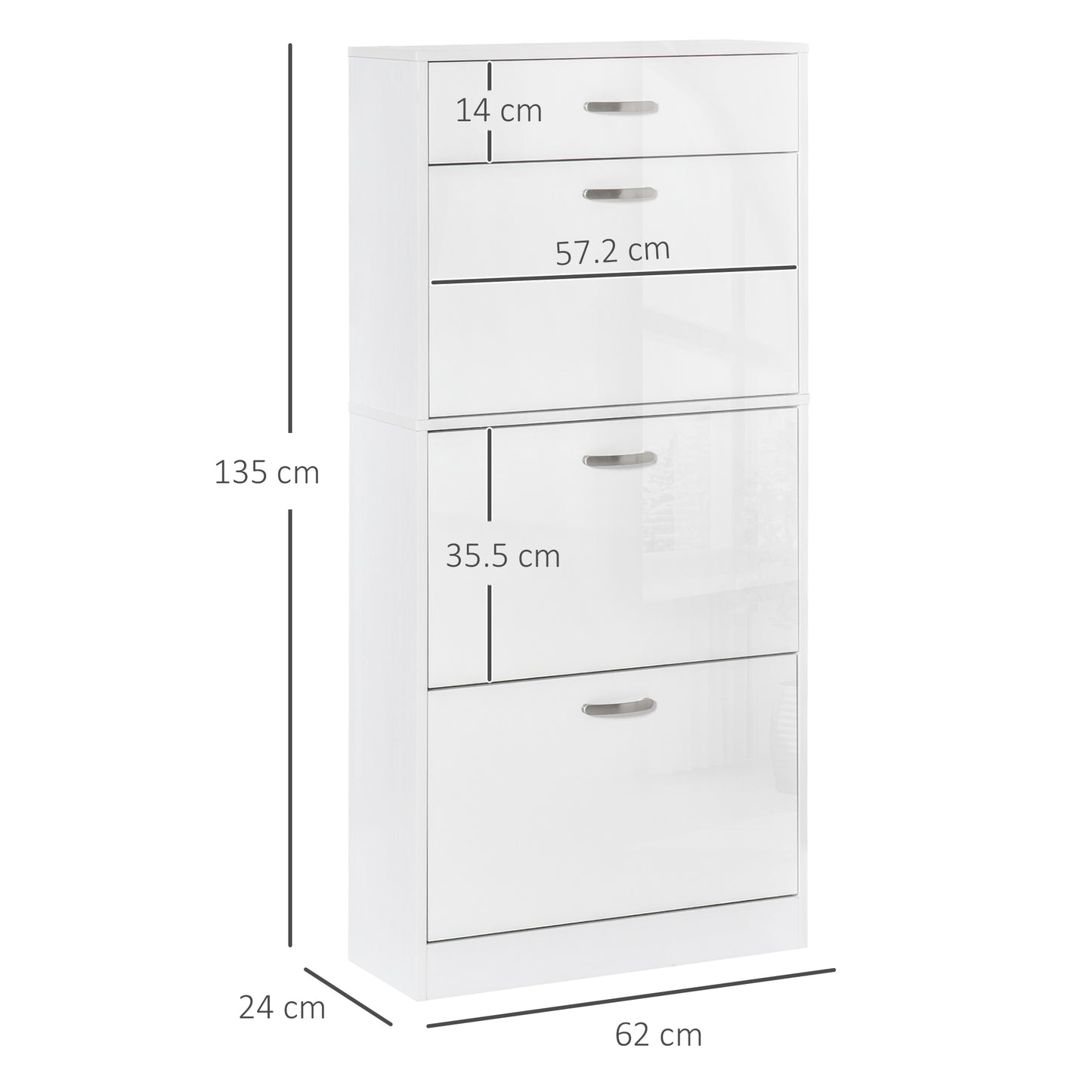 Shoe Cabinet With 3 Flip Drawers, High Gloss Shoe Storage Cabinet With Top Drawer And Adjustable Shelves, Shoe Cupboard For 18 Pairs, White