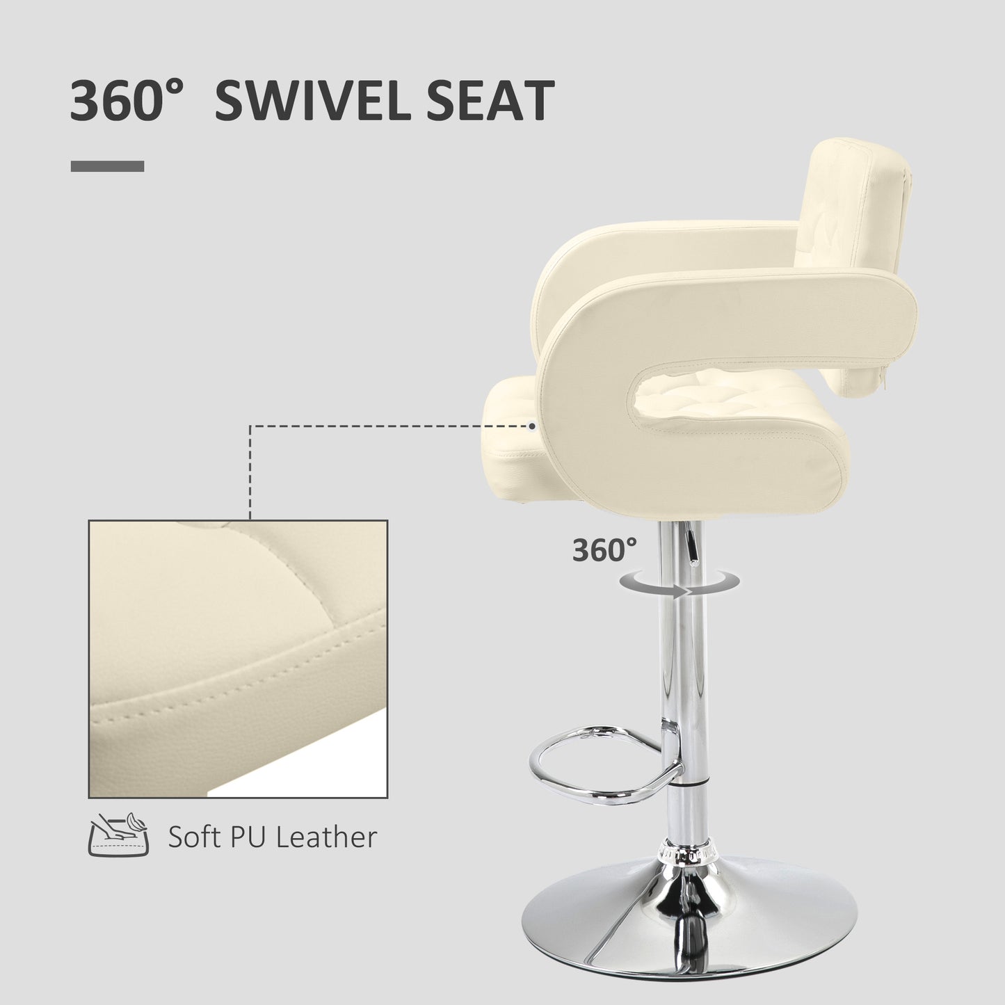 PU Leather Upholstered Swivel Bar Stool, Height Adjustable With Back, Armrest, Footrest, Beige
