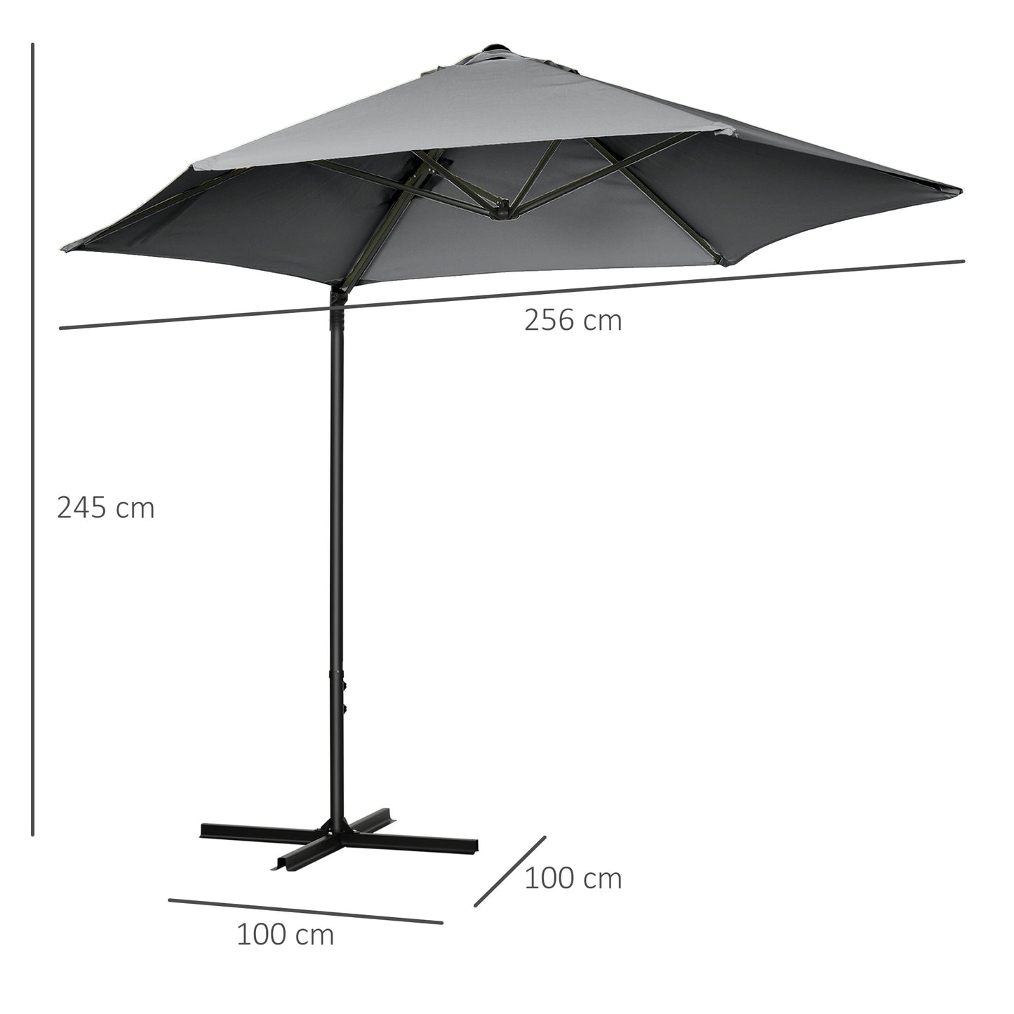 2.5M Garden Cantilever Parasol, Offset Roma Patio Umbrella Hanging Sun Shade Canopy Shelter With 360° Rotation And Cross Base, Dark Grey