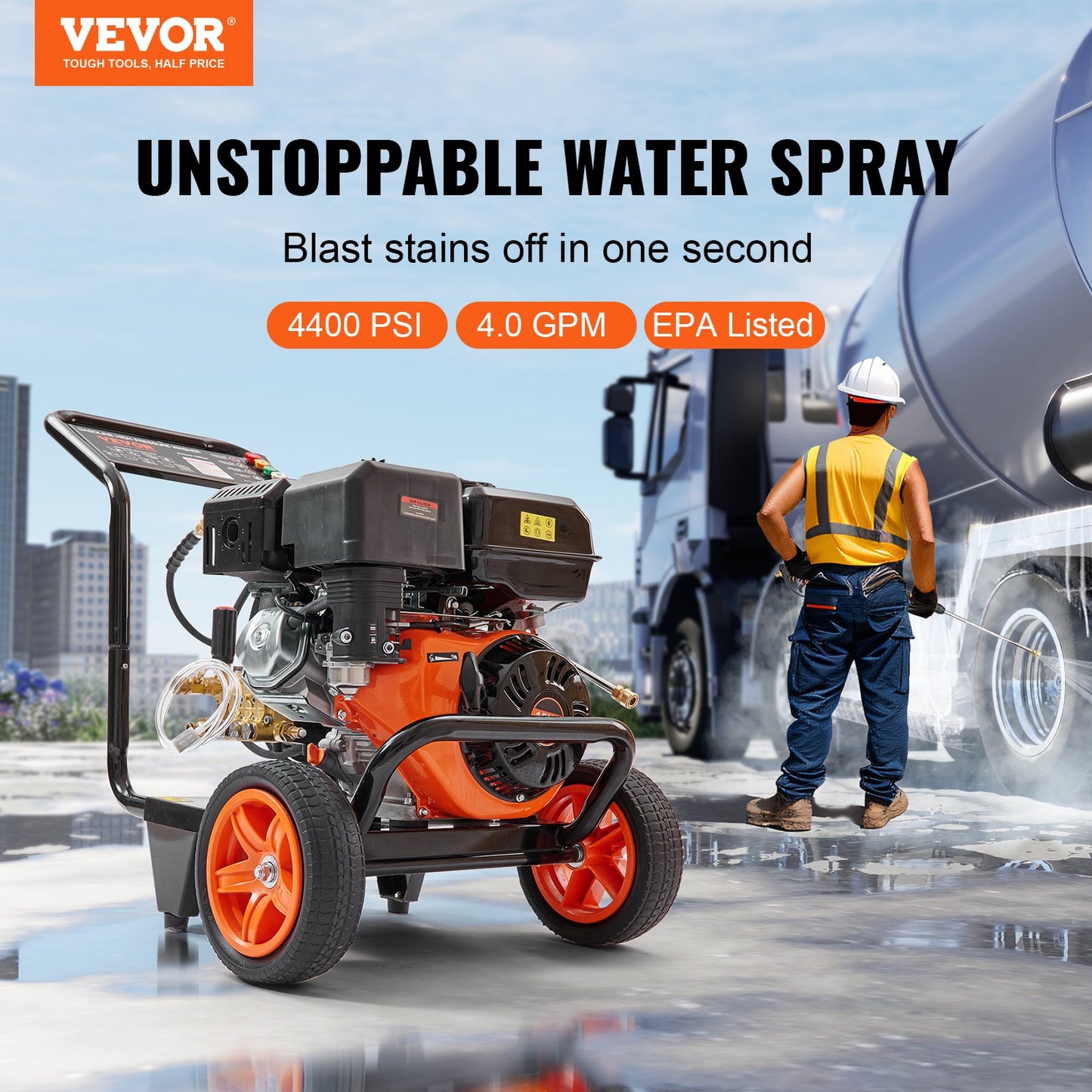Gas Pressure Washer, 4400 PSI 4.0 GPM, Gas Powered Pressure Washer With Copper Pump, Spray Gun And Extension Wand, 5 Quick Connect Nozzles, For Cleaning Cars, Homes, Driveways, Patios