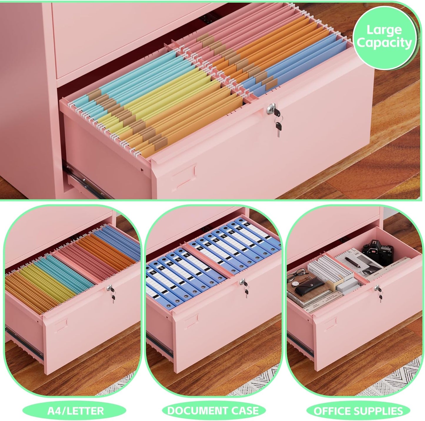 Metal 2 Drawer Lateral File Cabinet With 2 Lock - Wide Filing Cabinet For Letter Legal F4 A4 Hanging Files - Includes Business Card Holder,Home Office School Storage,Pink