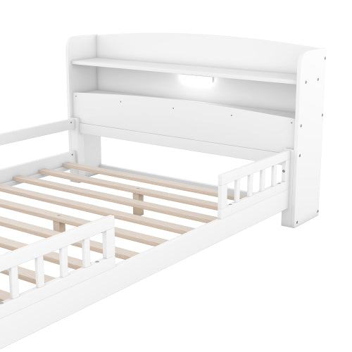 Wood Full Size Platform Bed With Built-in LED Light, Storage Headboard And Guardrail, White