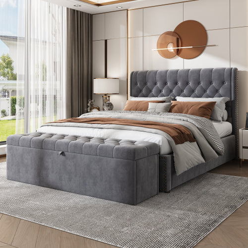 Upholstered Bed,King Size Bed-5ft 150x200cm,with Hydraulic Lever, Functional Storage Bed, Rivet Decoration, Without Mattress, Velvet, Grey