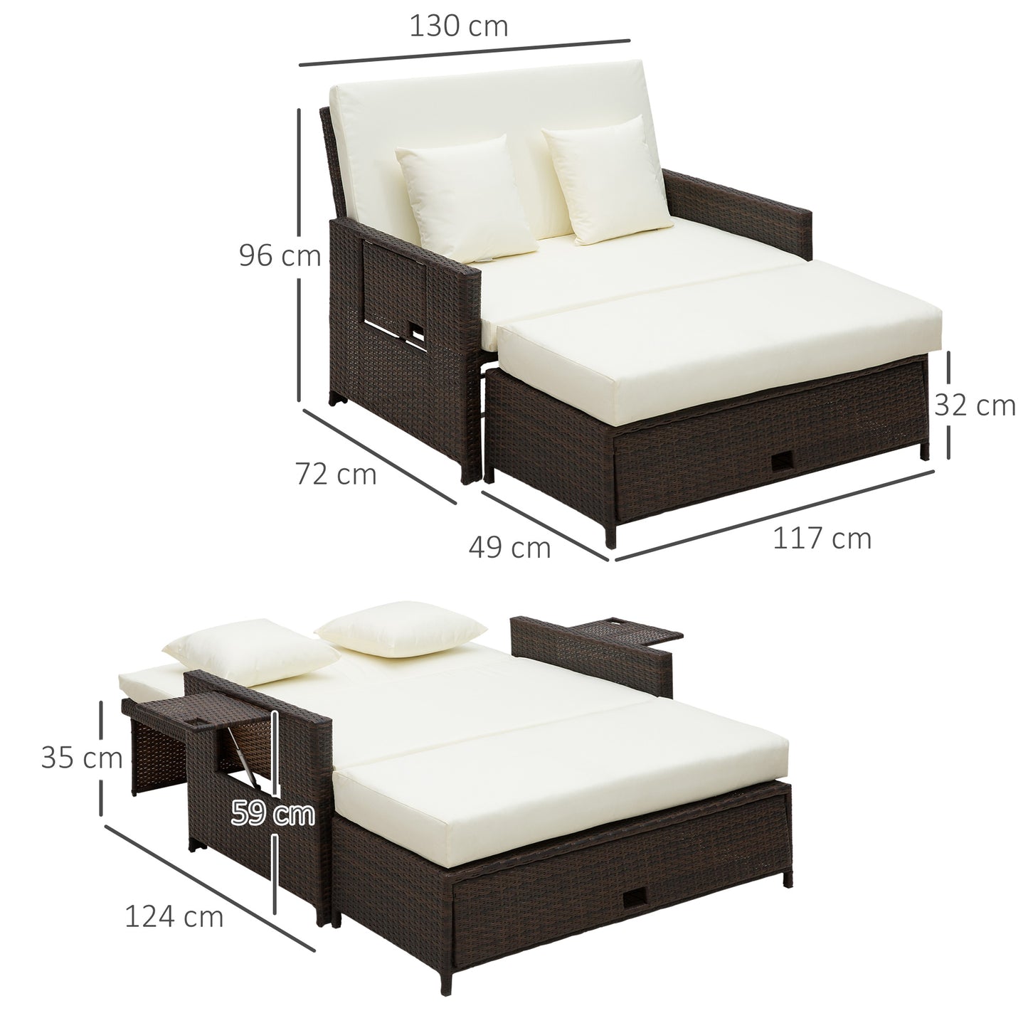 Rattan Sun Lounger 2 Seater Day Bed-Brown