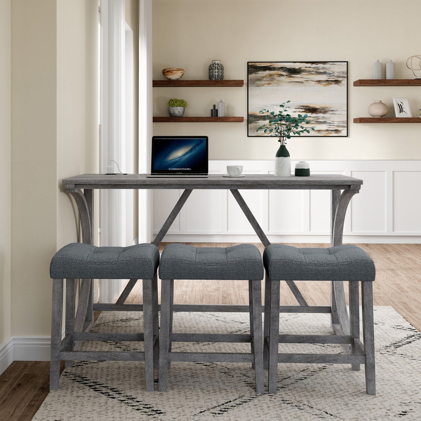 Bar Table Set With Power Outlet, Bar Table And Chairs Set, 4 Piece Dining Table Set, Industrial Brea