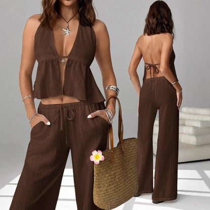 Halterneck Strap Sexy Backless Sleeveless Tank Top And Slim-fit Set