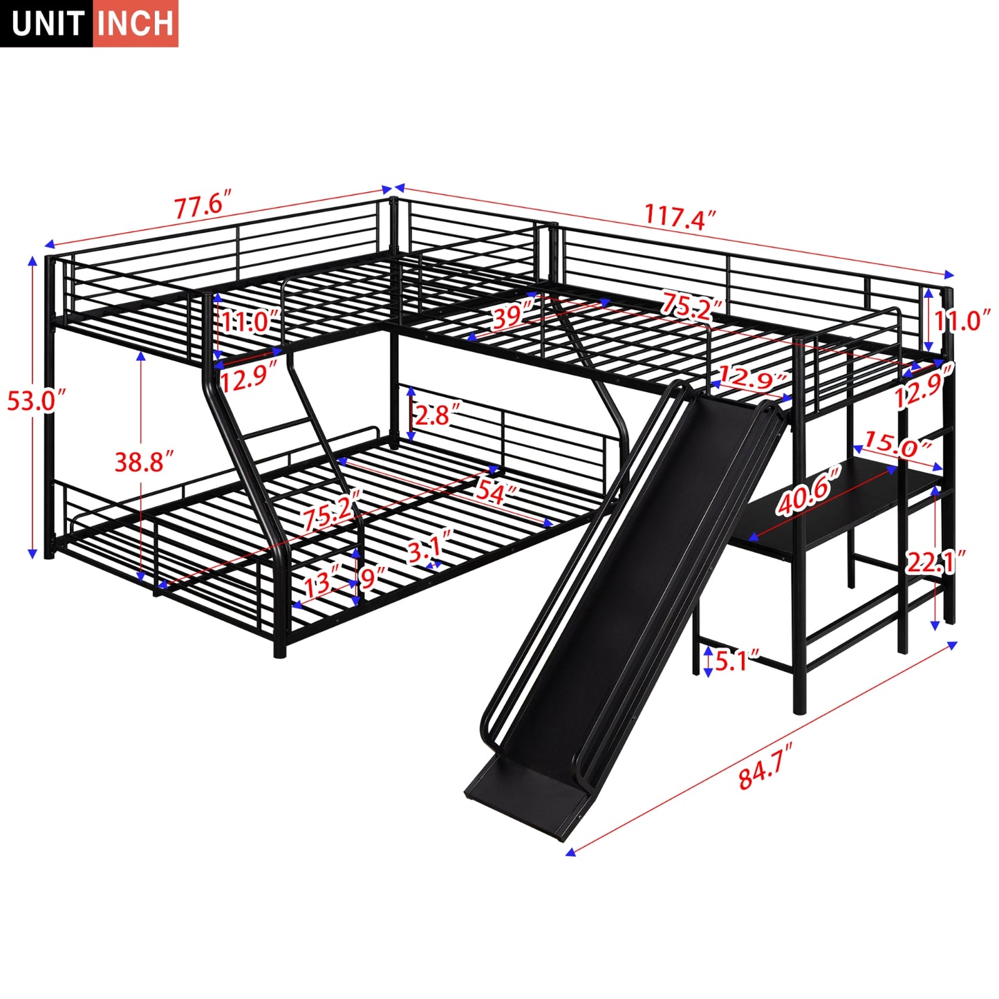L-Shaped Twin Full Bunk Bed With Loft, Desk  Slide, Black