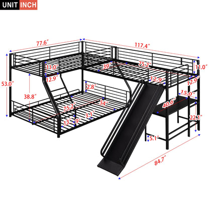 L-Shaped Twin Full Bunk Bed With Loft, Desk  Slide, Black