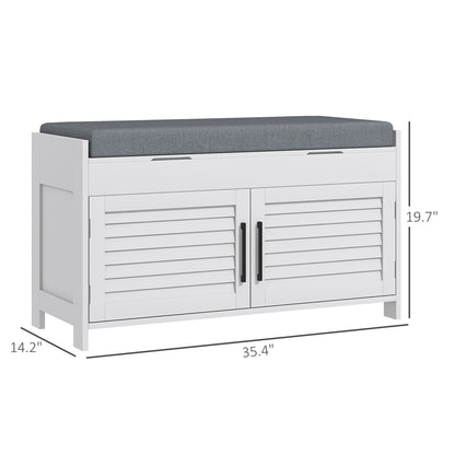 Shoe Storage Bench, Modern Entryway Bench With Cushion, Hidden Compartments, Adjustable Shelves, Shutter Doors, White