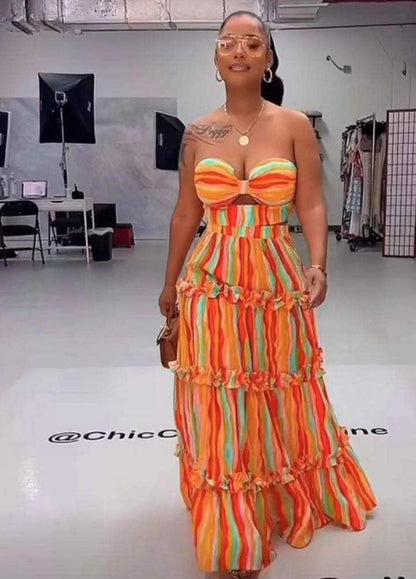 Striped Printed Fashion Women's Fashion Clothing Long Skirt Two-piece Set