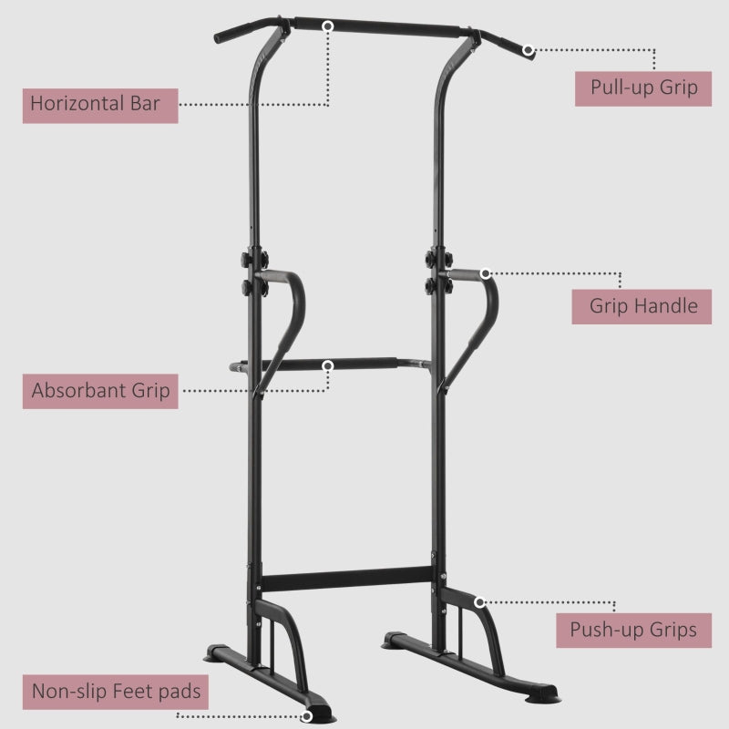 HOMCOM Power Tower Dip Station Pull Up Bar Multi-Function Push Up Equipment With Adjustable Height For Home Gym Strength Training Workout Fitness