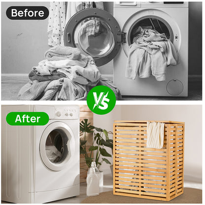 Bamboo Laundry Basket With Lid - Foldable Laundry Basket With 2 Sections Of Removable Lined Pockets For Bathroom, Bedroom And Laundry