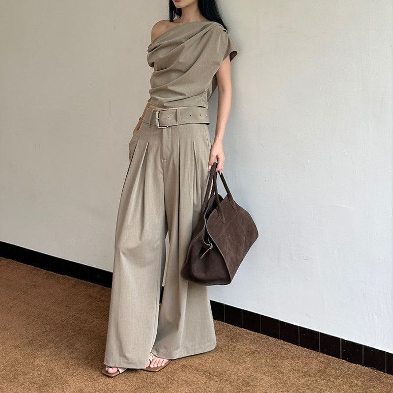 Beige Asymmetrical Tube Top And Wide Leg Pants Womens