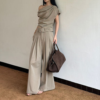 Beige Asymmetrical Tube Top And Wide Leg Pants Womens