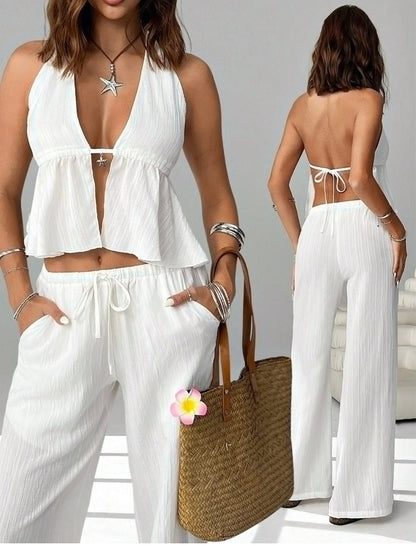 Halterneck Strap Sexy Backless Sleeveless Tank Top And Slim-fit Set