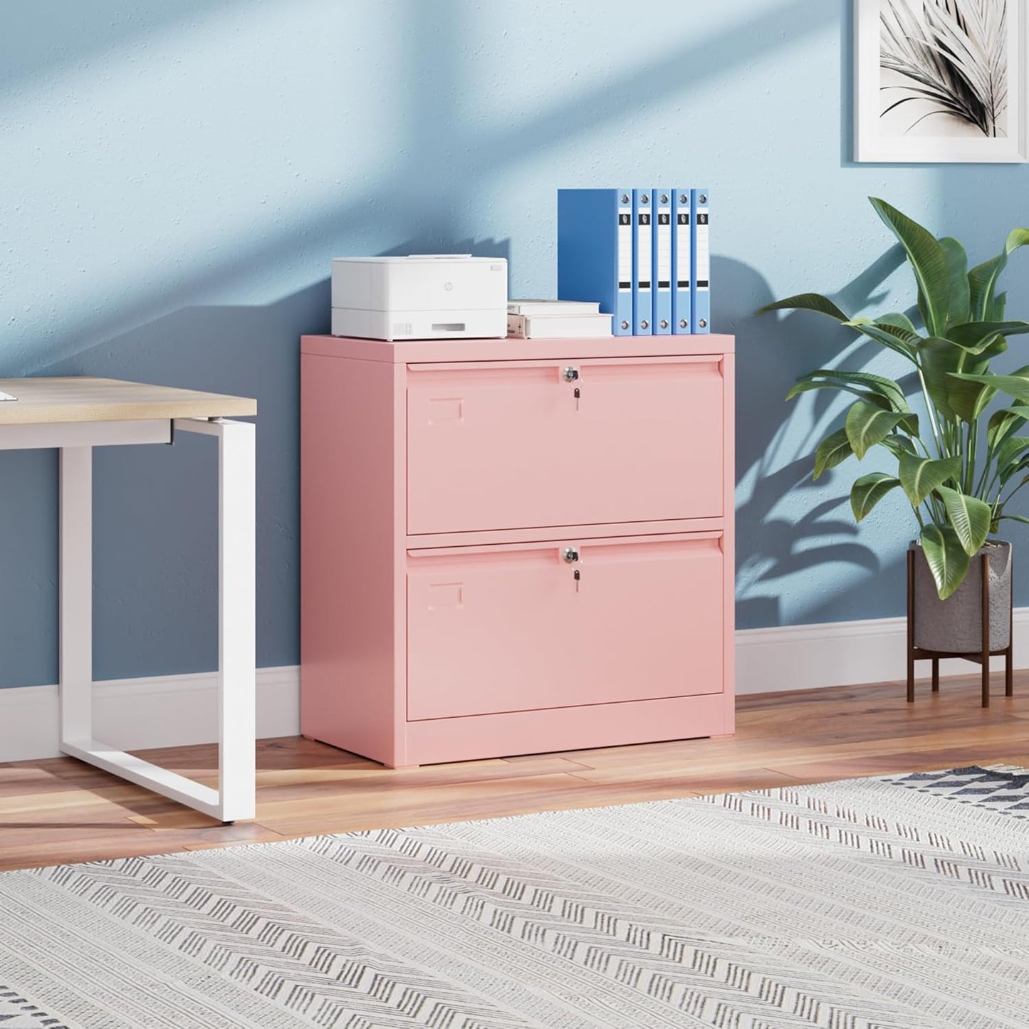 Metal 2 Drawer Lateral File Cabinet With 2 Lock - Wide Filing Cabinet For Letter Legal F4 A4 Hanging Files - Includes Business Card Holder,Home Office School Storage,Pink