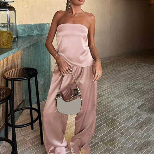 Urban Leisure Solid Color Fashion Graceful Tube Top Satin Suit