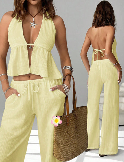 Halterneck Strap Sexy Backless Sleeveless Tank Top And Slim-fit Set