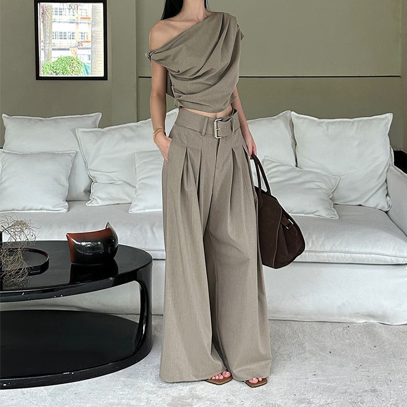 Beige Asymmetrical Tube Top And Wide Leg Pants Womens