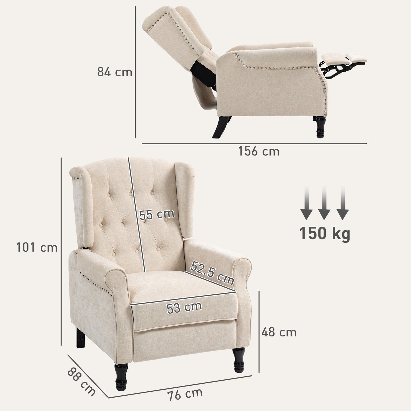 150° Reclining Vintage Armchair, With Footrest - Beige