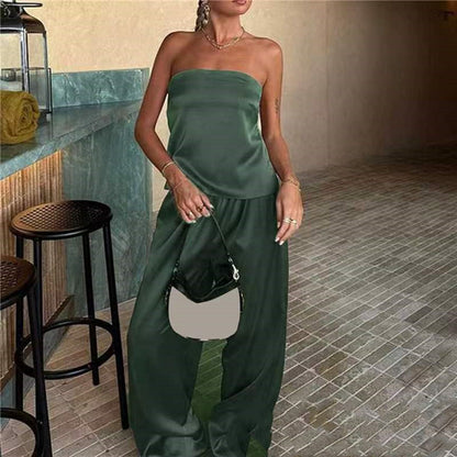Urban Leisure Solid Color Fashion Graceful Tube Top Satin Suit
