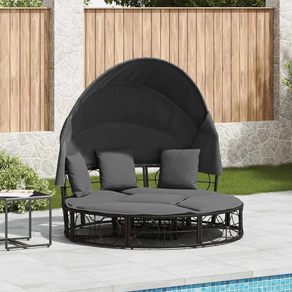 Outdoor Lounge Bed with Canopy and Cushions, Poly Rattan