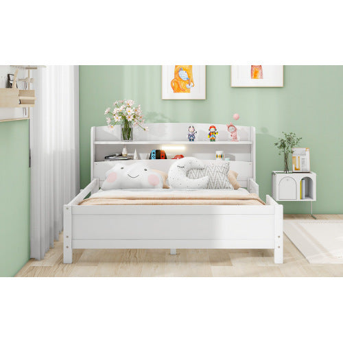 Wood Full Size Platform Bed With Built-in LED Light, Storage Headboard And Guardrail, White