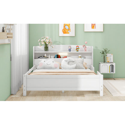 Wood Full Size Platform Bed With Built-in LED Light, Storage Headboard And Guardrail, White