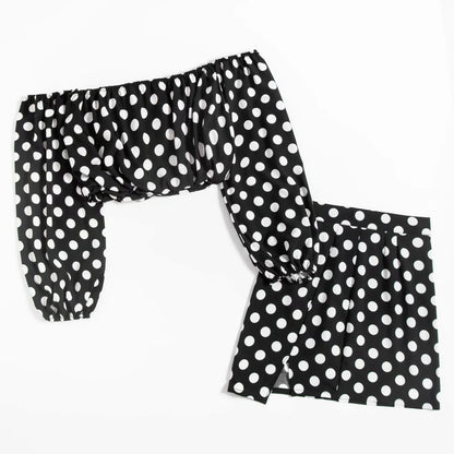 Sexy Strapless Polka Dot Shirt  High Waist Bag Hip Skirt Casual Suit Women