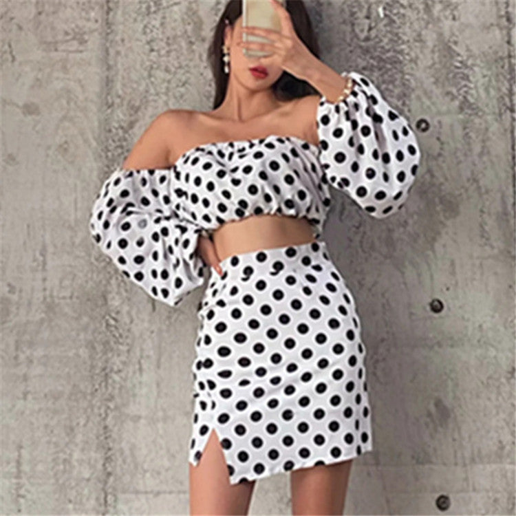 Sexy Strapless Polka Dot Shirt  High Waist Bag Hip Skirt Casual Suit Women
