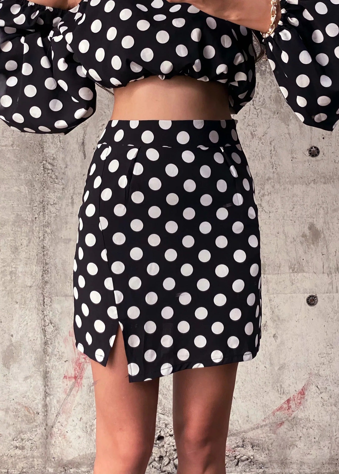 Sexy Strapless Polka Dot Shirt  High Waist Bag Hip Skirt Casual Suit Women
