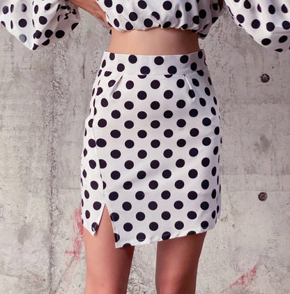 Sexy Strapless Polka Dot Shirt  High Waist Bag Hip Skirt Casual Suit Women
