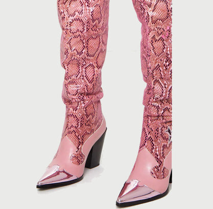 Fashion Sexy Snake Print Pointed Toe Thick Heel High Heel Boots Women