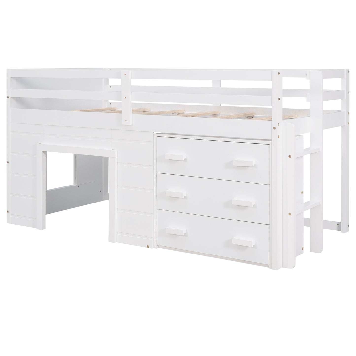 Twin Size Loft Bed With Cabinet And Shelf - White