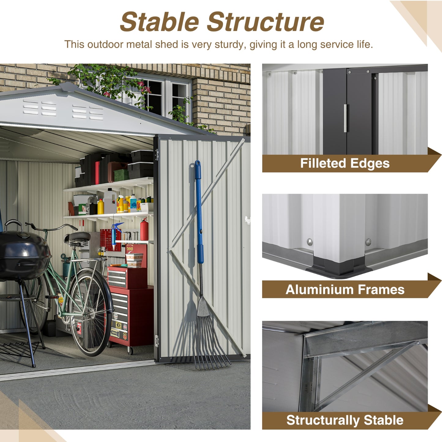 8 X 6 Ft Outdoor Storage Shed, All Weather Metal Sheds With 2 Lockable Doors, Tool Shed For Garden,