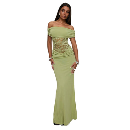 Women's Solid Color Off-the-shoulder Stitching Lace Extra Long Dress