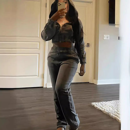 Stylish Casual Womens Two-Piece Sweatshirt Set Zip-Up Hoodie And Long Pants Combo