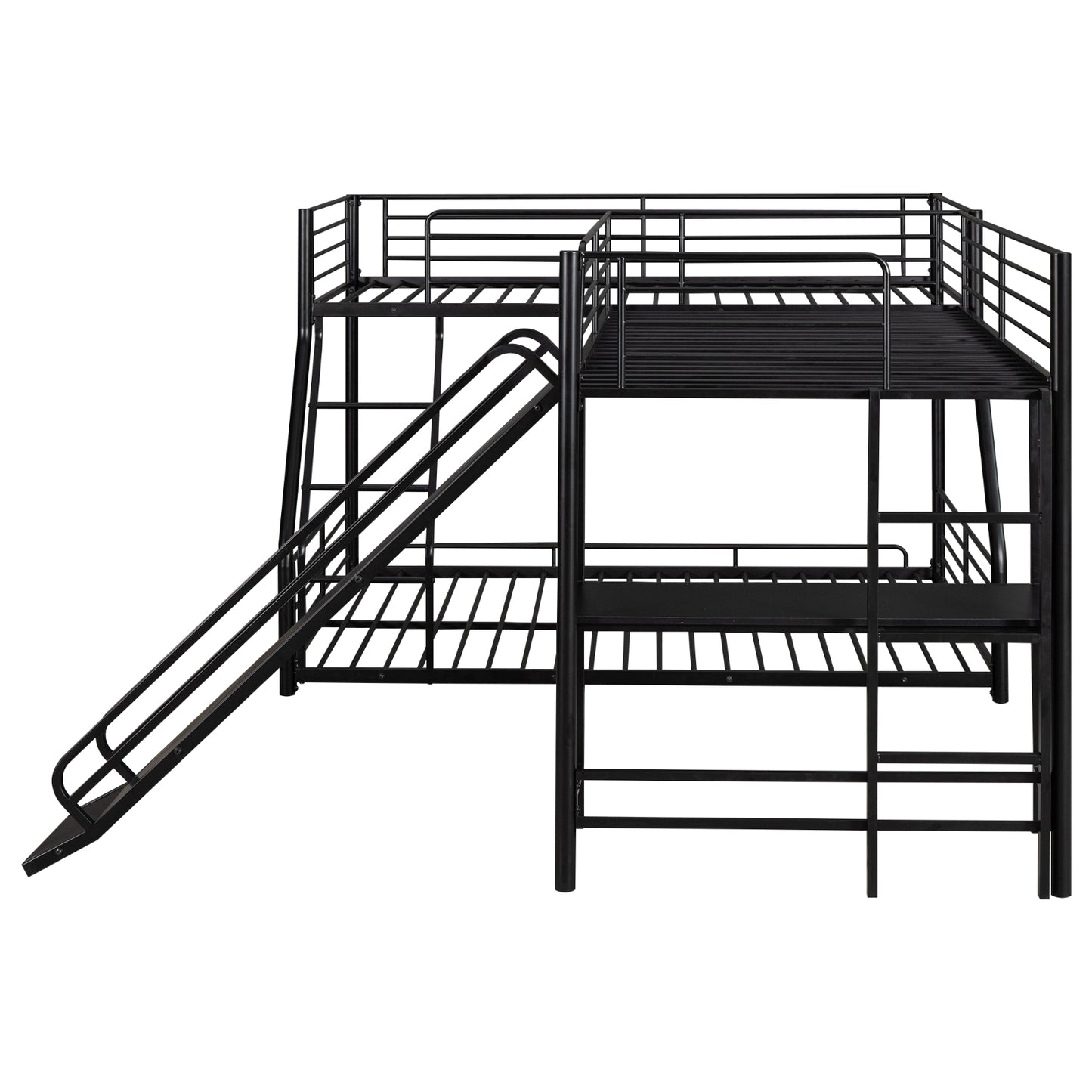 L-Shaped Twin Full Bunk Bed With Loft, Desk  Slide, Black