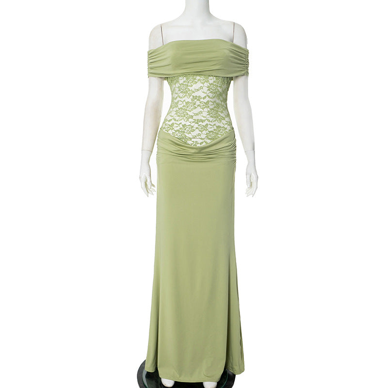 Women's Solid Color Off-the-shoulder Stitching Lace Extra Long Dress