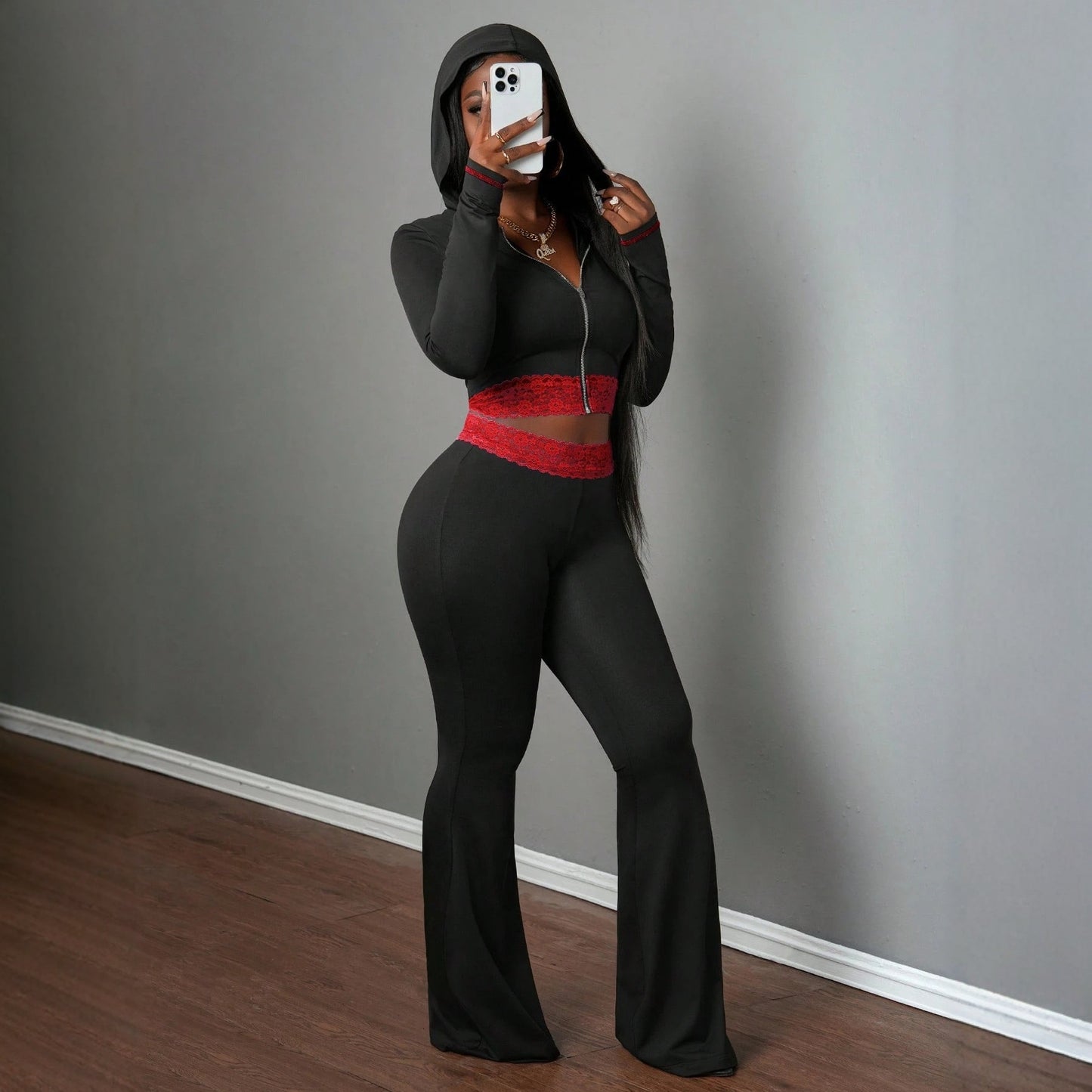 Fashionable Solid-Color Patchwork Lace Casual Jacket And Pants Set