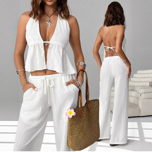 Halterneck Strap Sexy Backless Sleeveless Tank Top And Slim-fit Set