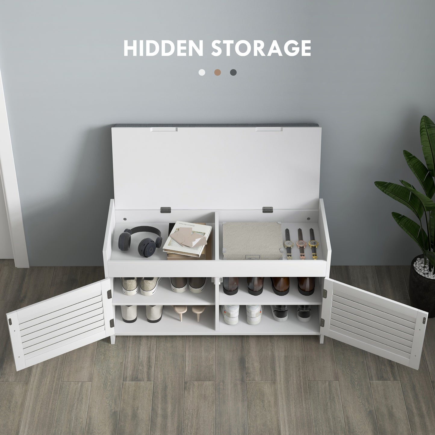 Shoe Storage Bench, Modern Entryway Bench With Cushion, Hidden Compartments, Adjustable Shelves, Shutter Doors, White