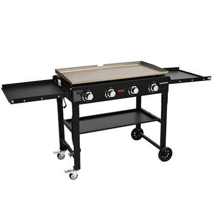 Commercial Griddle On Cart, 36' Heavy Duty Manual Flat Top Griddle, Outdoor Cooking Station With Side Shelves, Steel Natural Gas Griddle, 4-Burners Restaurant Portable Tested ToStandards
