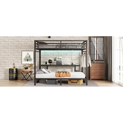 Queen Over Twin XL Metal Bunk Bed Loft Bed With Desk And Shelves, Multiple Uses Folds Into Sofa With LED And USB, Black