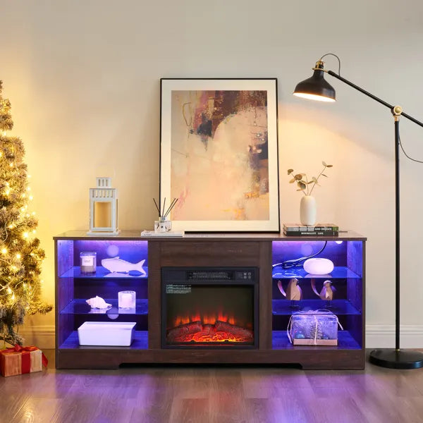 TV Stand Electric Fireplace Glass Shelves, 3D Fireplace TV Stand With LED Lights Wood With USB Charging Outlet Modern Television Table Center For TV Up To 62" ESP, 58''W*15.5''D*24.4
