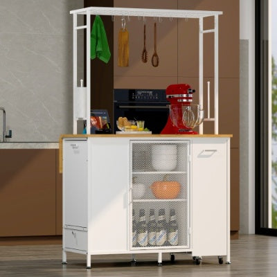 Kitchen Island With Storage Space, Breakfast Bar With Folding Flip-Up Panel, Large Storage Cabinet Shelves And Drawers, Large Coffee Bar Table With Hooks, White