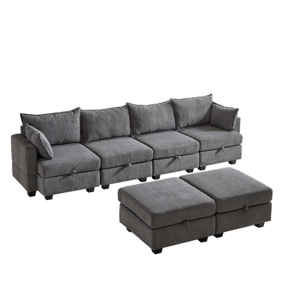 113.5' Modular Sectiona Corduroy Sofa, Sectional Couches For Living Room U Shaped Sectional Couch With Storage Ottoman, 6 Seats Convertible Sectionals With Chaise