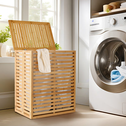 Bamboo Laundry Basket With Lid - Foldable Laundry Basket With 2 Sections Of Removable Lined Pockets For Bathroom, Bedroom And Laundry