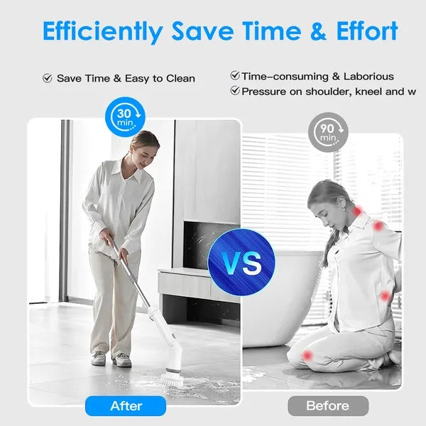 Electric Spin Scrubber Cordless Rechargeable Telescopic Cleaning Brush 6 Replaceable Heads